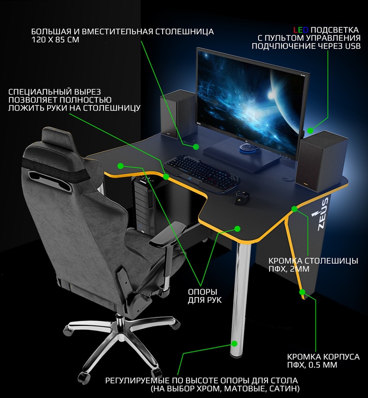 Ігровий стіл ZEUSTM IGROK-3L, чорний/жовний з LED підсвічуванням