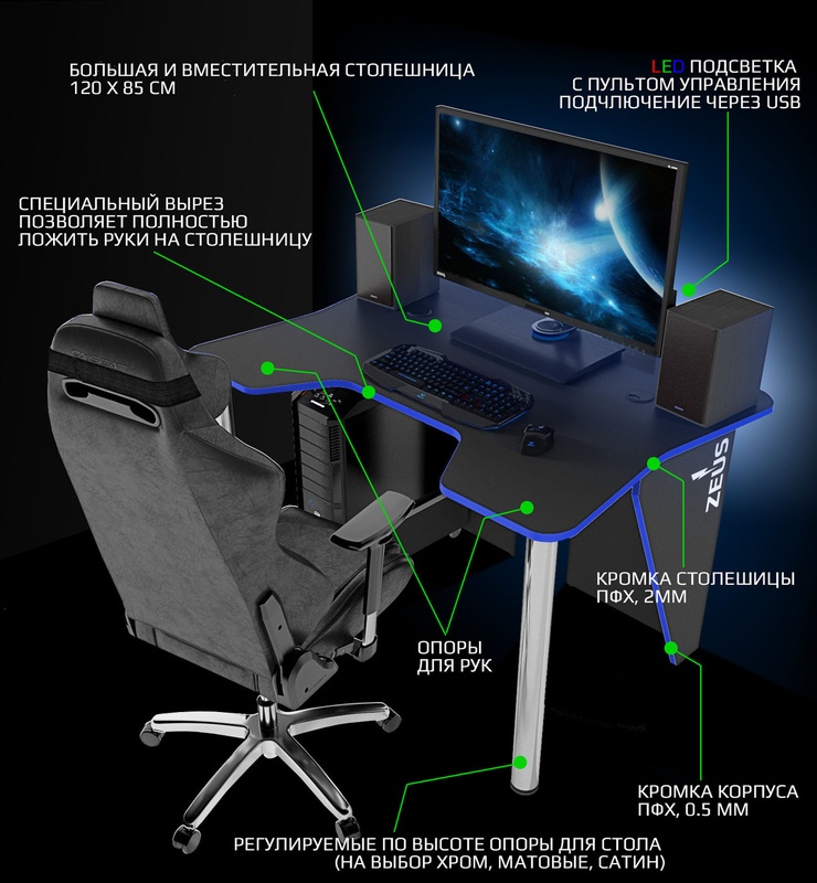 Ігровий стіл ZEUSTM IGROK-3L, чорний/синій з LED підсвічуванням