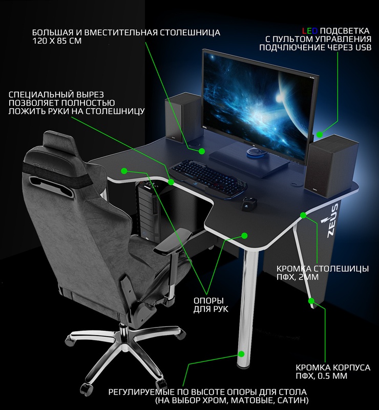 Ігровий стіл ZEUSTM IGROK-3L, чорний/білий з LED підсвічуванням